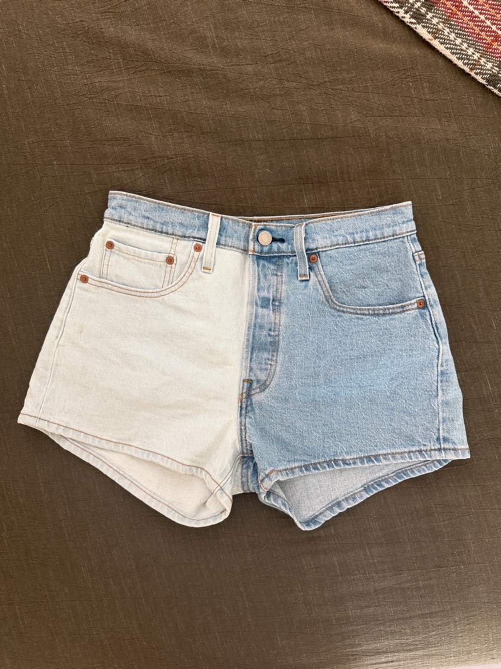 Levi's Two-Tone High-Rise Denim Shorts in Medium Wash and Light Wash